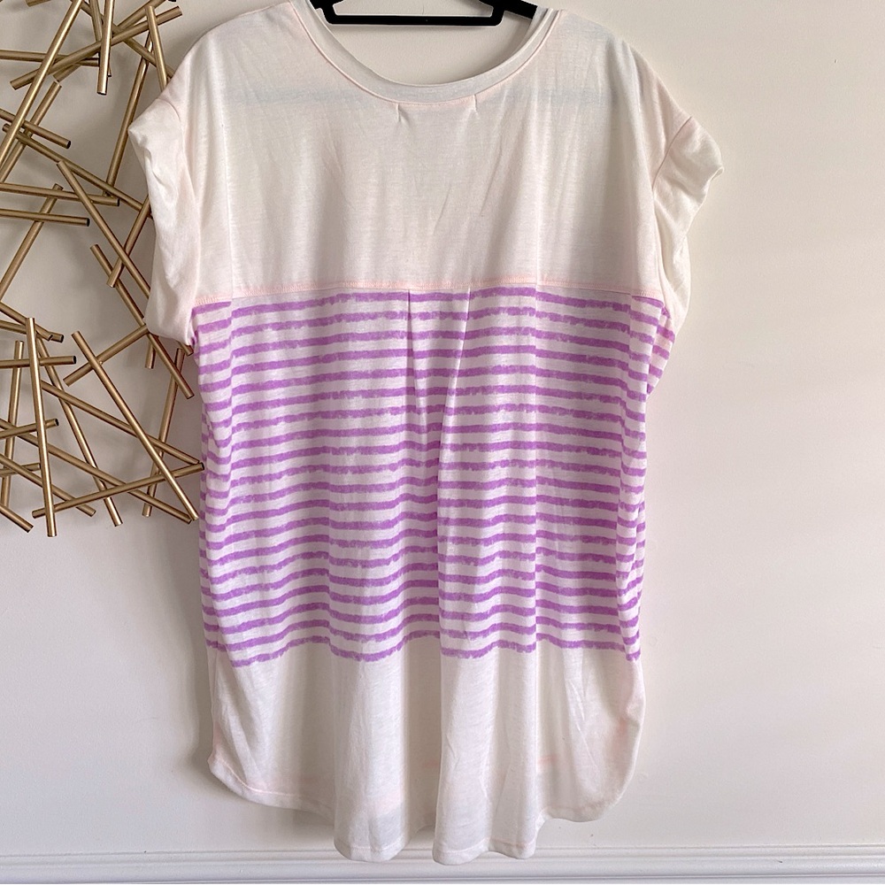 Free People Beach Long V-Neck Tee Cream with Purple Stripes & Rolled Sleeves -XL - Picture 2 of 4